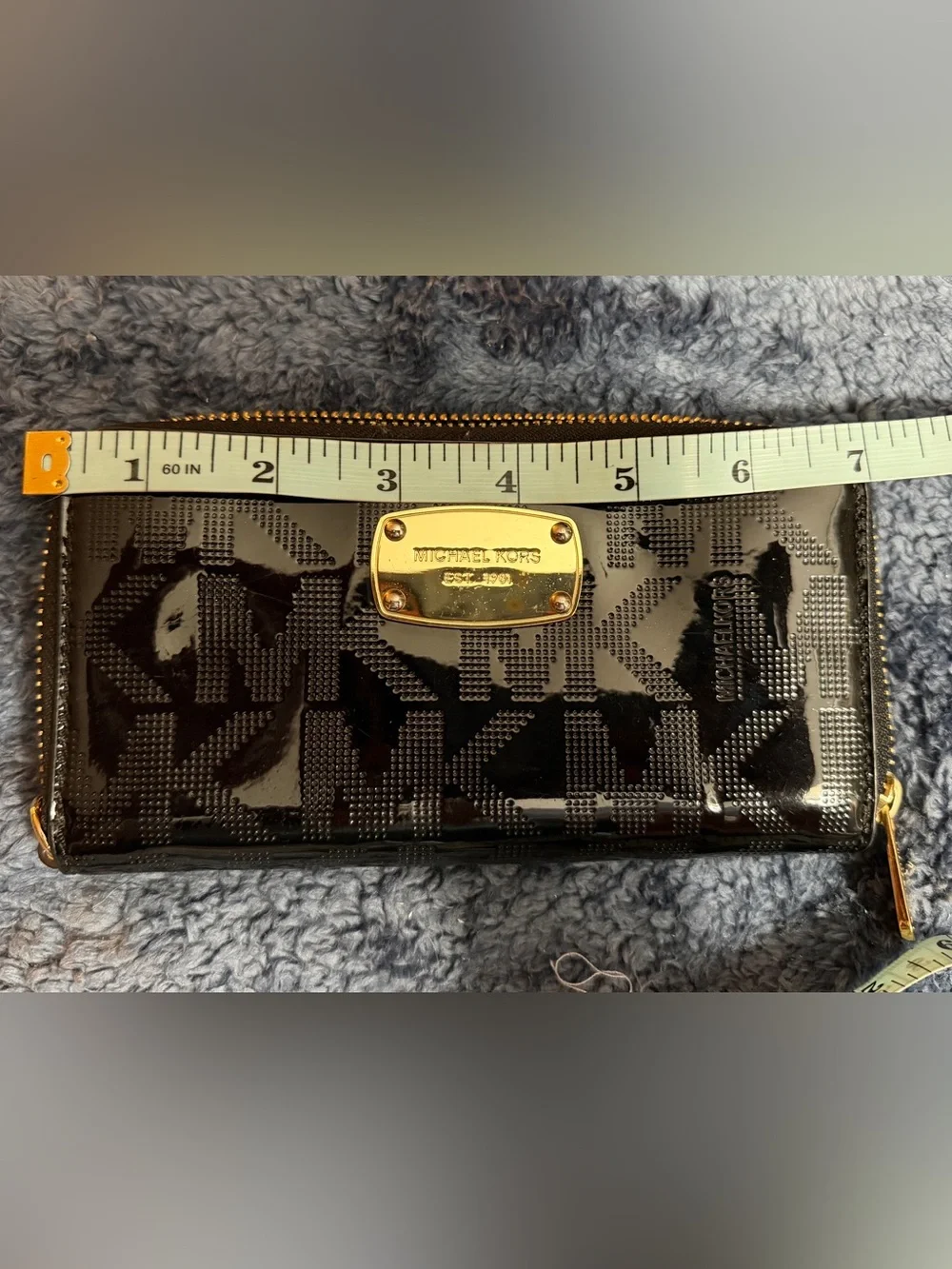 Michael Kors Glossy Black Patent Logo Zip Wallet with Gold Plaque